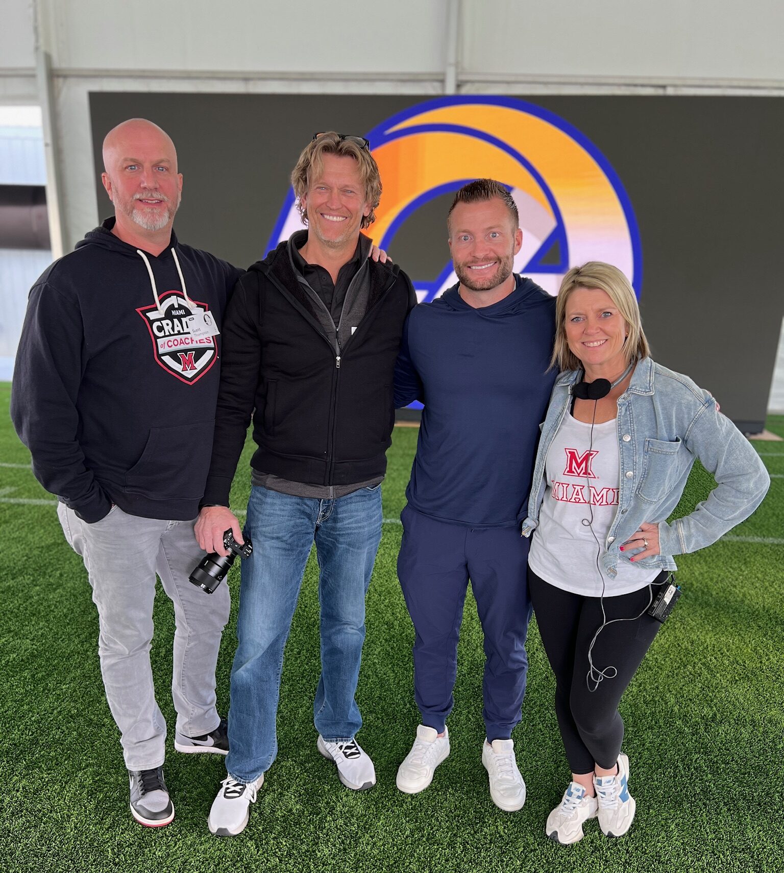 Pictured left to Right: Scott Thompson (Director), Troy Blome (Director of Photography), Sean McVay (LA Rams Head Coach), Jesy Herron (Producer).