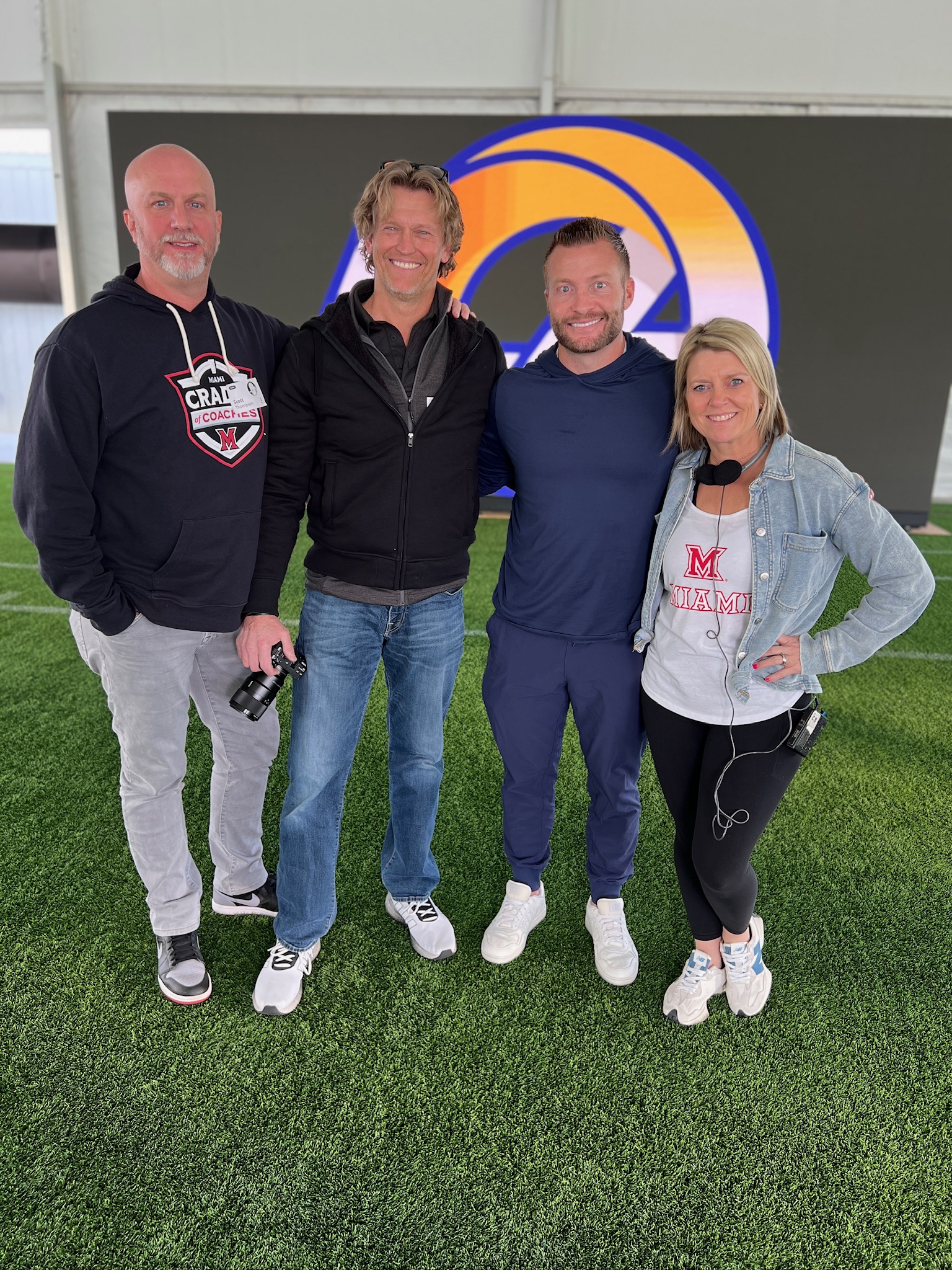Pictured left to Right: Scott Thompson (Director), Troy Blome (Director of Photography), Sean McVay (LA Rams Head Coach), Jesy Herron (Producer).